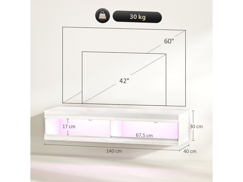  Meuble tv mural avec éclairage led 16 couleurs et 2 niches brillant 140 x 40 x 30 cm  - Conforama C