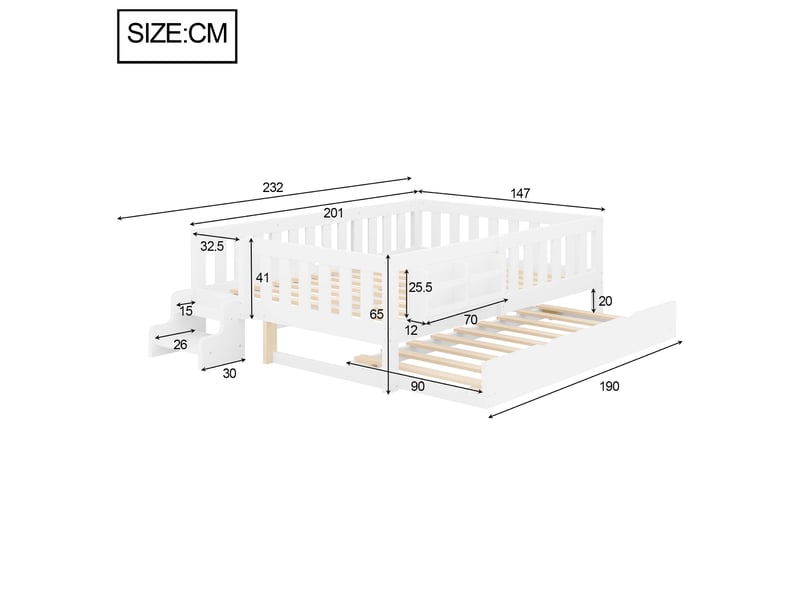 Lit gigogne enfant 140x200 cm avec lit d’appoint coulissant, bibliothèque, escalier, barrière de sécurité et sommier à lattes, bois - blanc - Conforama C