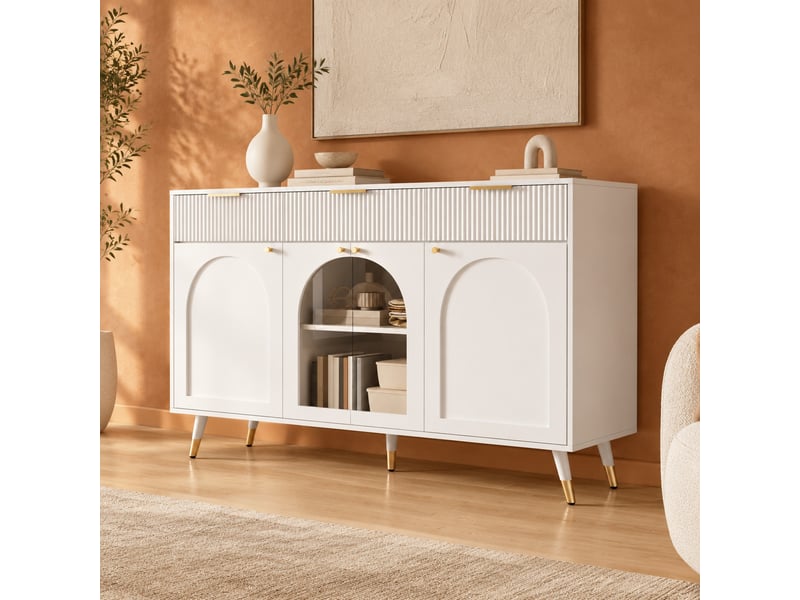  Buffet et enfilade avec 4 portes en acrylique et 3 tiroirs, rangement pour salon et salle à manger, en mdf, blanc, 140 × 40 × 85,5 cm  - Conforama C
