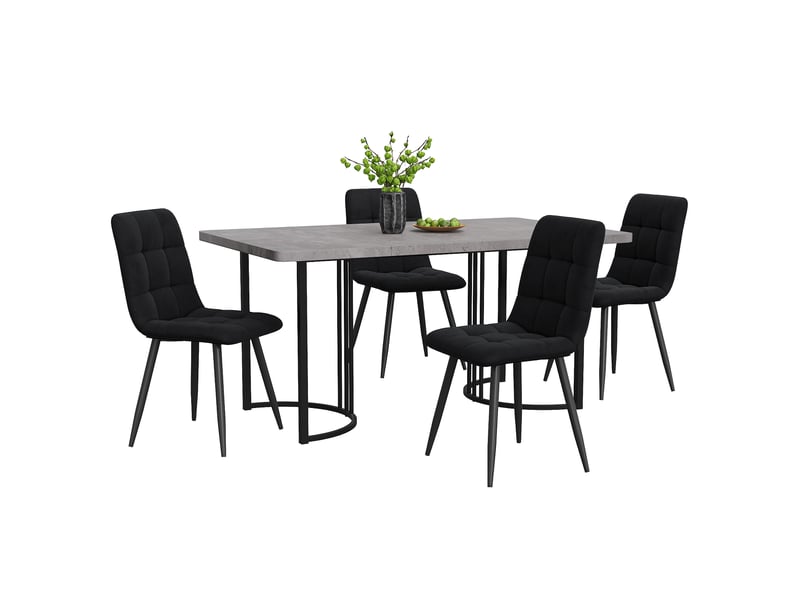  Ensemble repas 5 pièces table avec plateau mdf à motif marbre et pieds métal réglables 4 chaises velours noir  - Conforama A