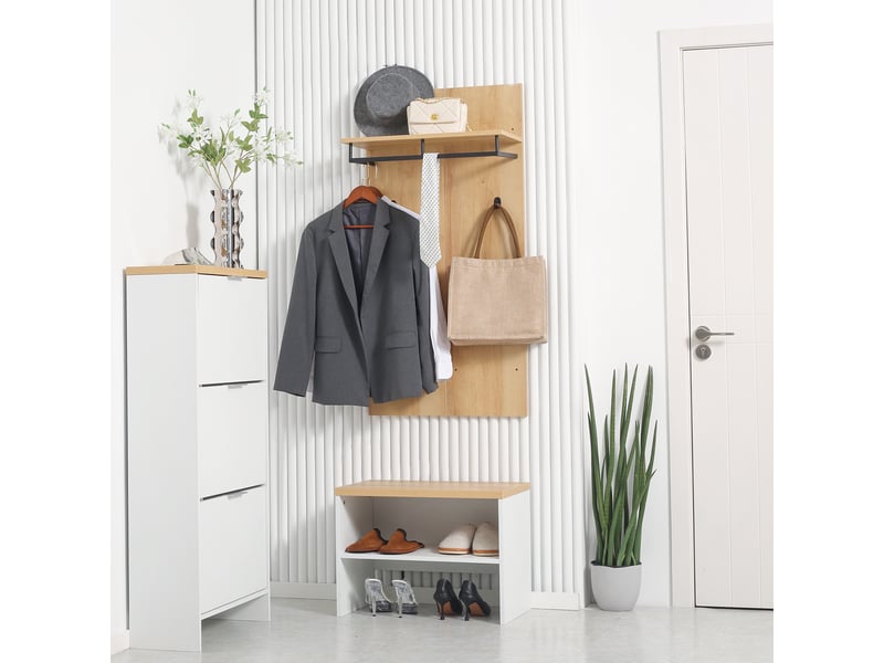  Organisateur d'entrée avec banc à chaussures, étagère à chaussures, porte-manteau à 4 crochets, blanc et naturel  - Conforama D
