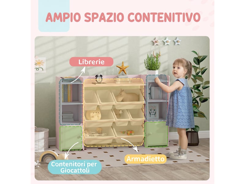  Meuble de rangement pour jouets d'enfants avec 8 bacs et placards amovibles, 140 x 30 x 90 cm, rose  - Conforama E