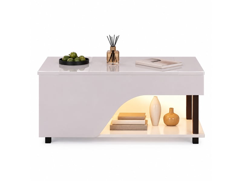  Table basse relevable avec rangement caché et led pour salon 100×50×46-60 cm en panneaux de particules blanc  - Conforama A