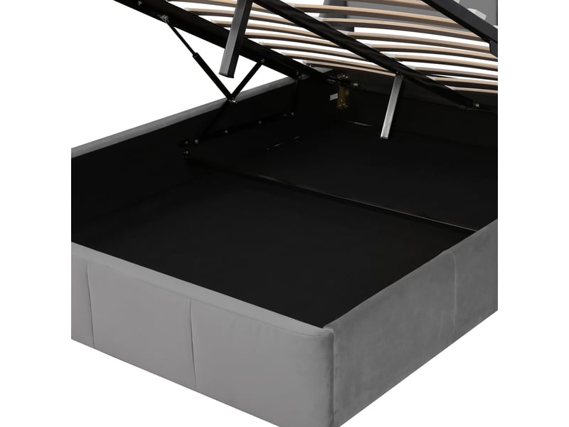  Lit 140x190 cm gris capitonné – tête coussin, rangement hydraulique intégré  - Conforama E