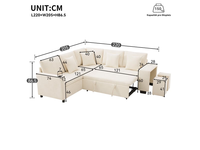  Canapé d'angle convertible 5 places en tissu beige avec rangement, usb et usb-c, idéal pour le salon  - Conforama C