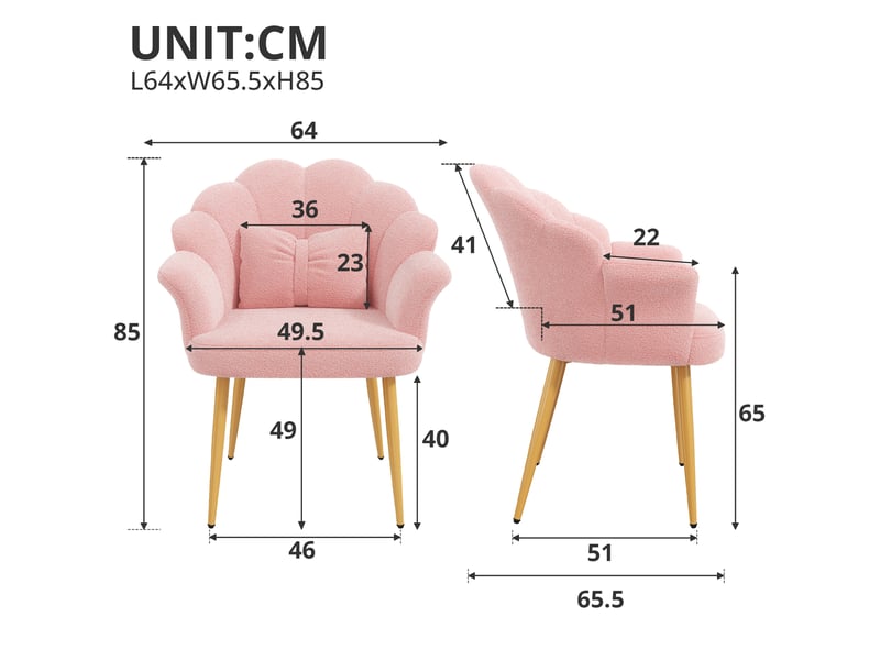  Lot de 6 fauteuils de salle à manger avec dossier pétale, accoudoirs, coussin nœud et pieds en métal doré, tissu bouclette teddy, rose evarich - Conforama C