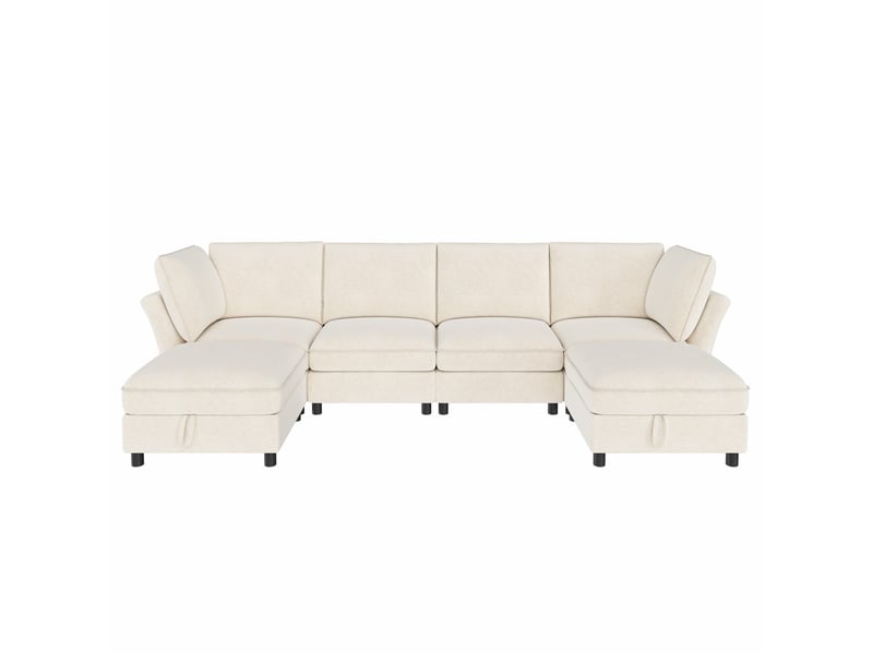  Canapé d'angle modulable 6 places en chenille beige avec coffre intégré et pouf, configuration en u ou en l  - Conforama A