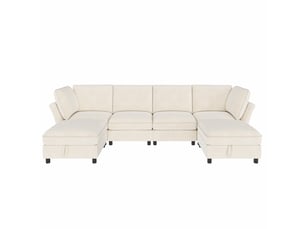 Canapé d'angle modulable 6 places en chenille beige avec coffre intégré et pouf, configuration en u ou en l