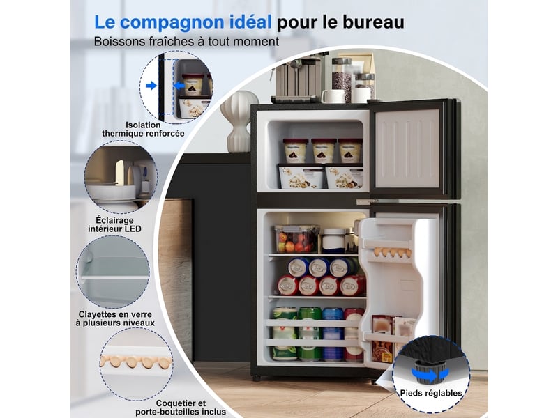  Mini réfrigérateur 60 l avec congélateur 22 l, porte vitrée, led, thermostat réglable, noir  - Conforama E