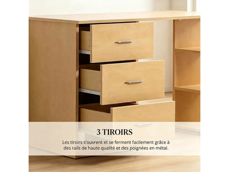  Bureau informatique bois clair 120 cm avec 3 tiroirs et étagères réversibles  - Conforama E