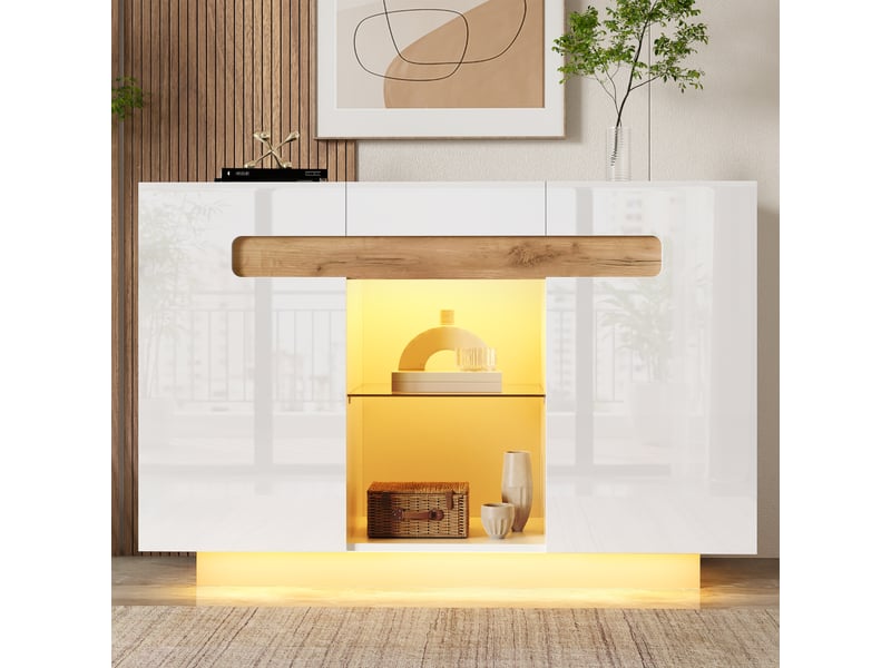  Buffet blanc et bois naturel 120x40x80 cm, meuble bas moderne avec étagères en verre et led intégré pour salon ou cuisine  - Conforama B