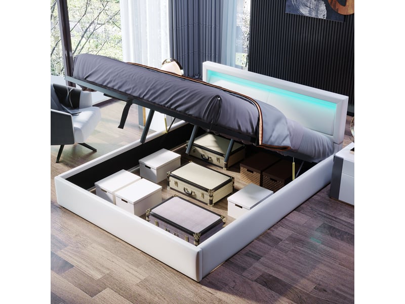  Lit 140x200 cm blanc rembourré led sommier tête éclairée simili-cuir  - Conforama E