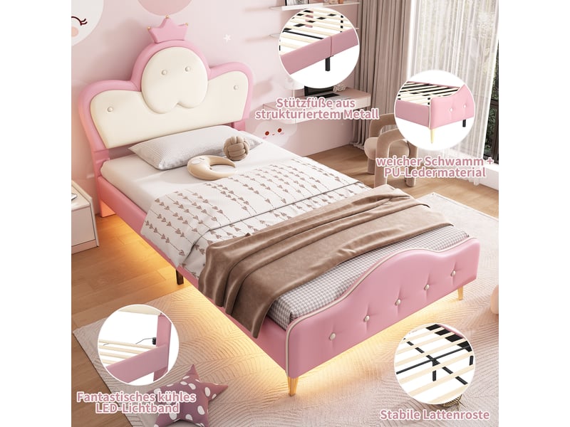  Lit enfant 90x200 cm - lit simple rembourré avec tête capitonnée et bande lumineuse led, revêtement pu, rose et blanc  - Conforama D