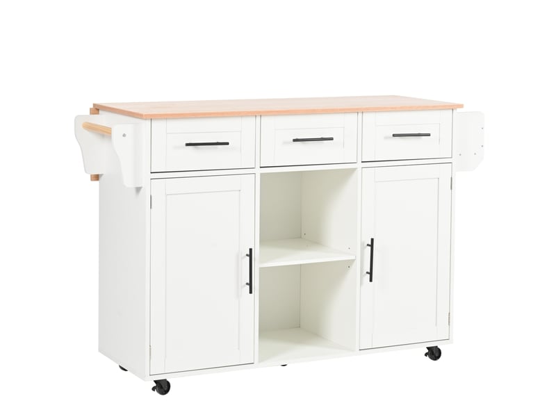 Desserte de cuisine 139x46(71)x91,5 cm blanche, plateau pliant, 3 tiroirs et rangement sur roulettes - Conforama D