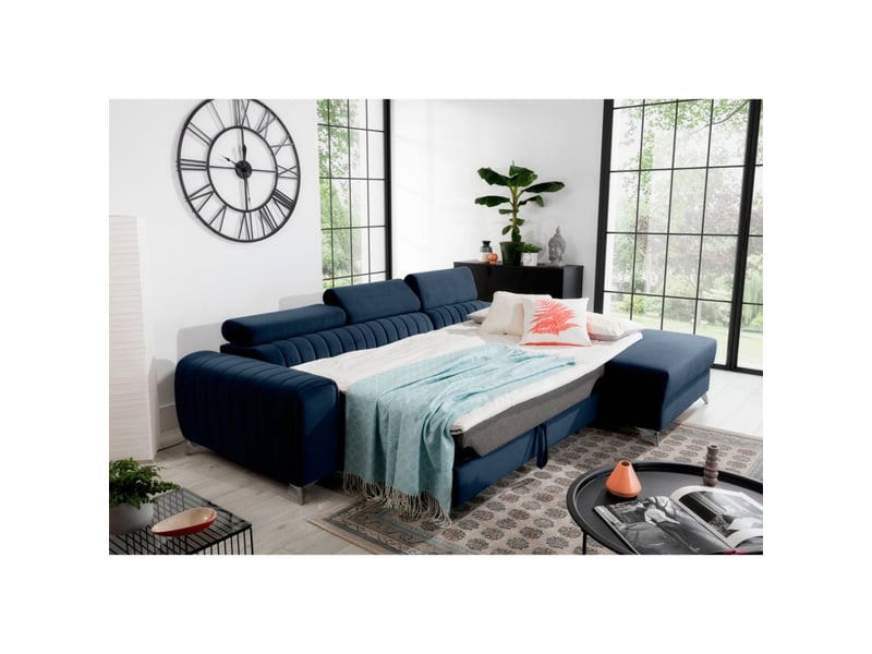  Canapé d'angle droit bleu foncé convertible 3 places jayson avec méridienne longue  - Conforama D