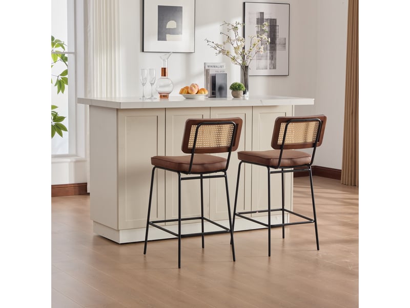 Tabouret de bar marron lot de 2 chaises de bar cuir pu vintage dossier aspect rotin pieds métal 96.5cm - Conforama R