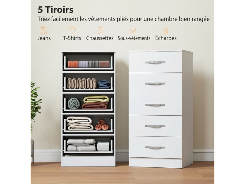  Commode 5 tiroirs en panneau de particules blanc 40 x 35 x 85 cm  - Conforama D