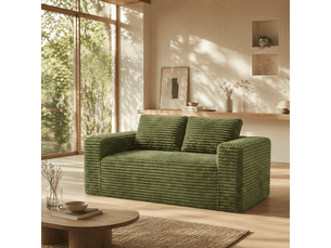 Canapé droit 2 places en velours côtelé vert, 160 x 88 x 58 cm, sans montage, livré compressé, pour le salon, mousse haute densité, format compact