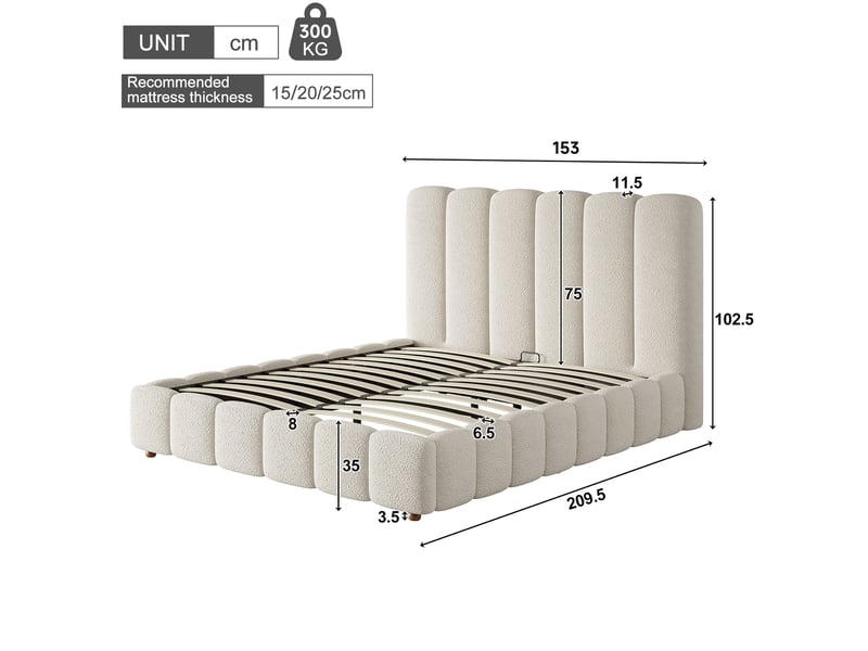  Lit double coffre hydraulique 140x190 cm en bouclé blanc avec sommier  - Conforama C