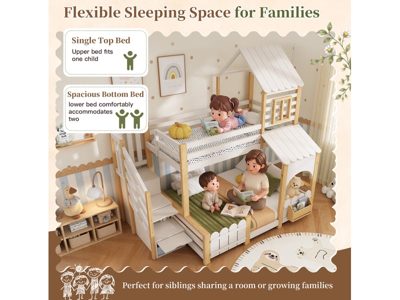  Lit superposé enfant 3 places 90 × 200 cm et 140 × 200 cm, escalier de rangement, sans matelas, blanc et chêne  - Conforama E