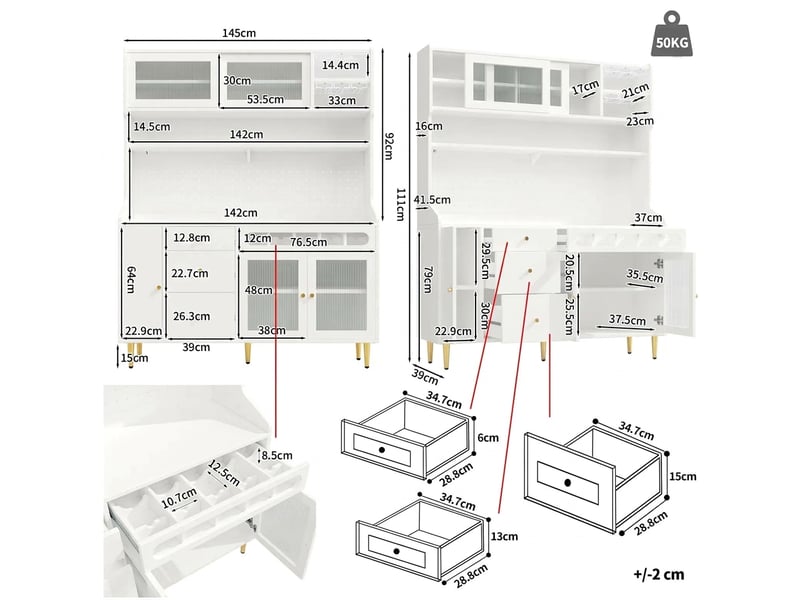  Armoire haute de salon et buffet de cuisine avec led, meuble de rangement blanc 145x39x171cm  - Conforama E