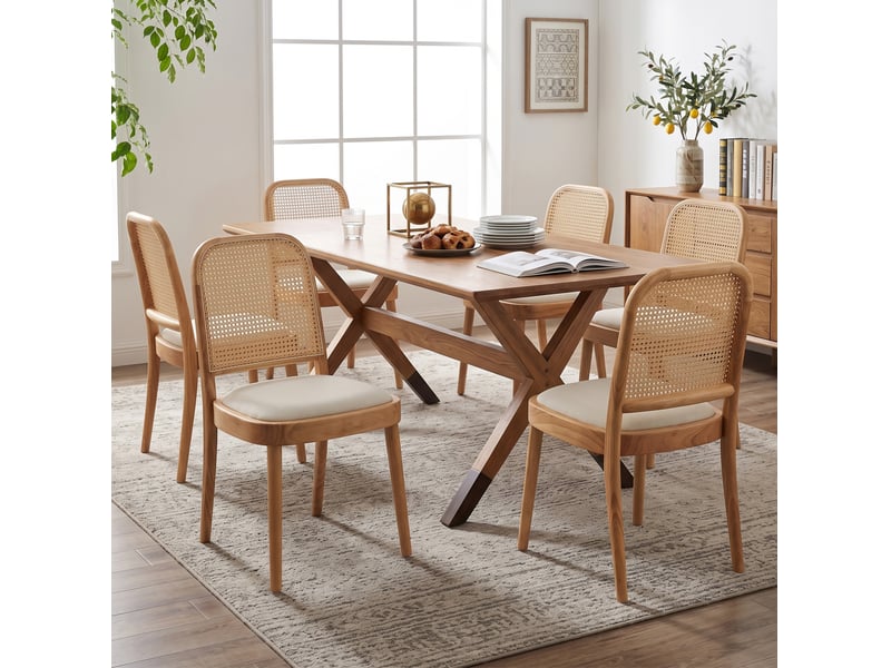  Chaises de salle à manger 4 pièces, dossier en rotin, bois et lin coloris naturel  - Conforama B