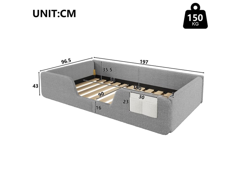  Lit rembourré, 90 x 190 cm, barrières de sécurité amovibles, poche de rangement intégrée en tissu, velours unique, gris  - Conforama C