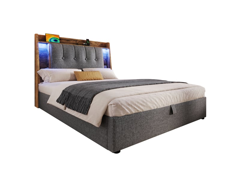 Lit capitonné, 90 x 200 cm, avec port de chargement usb type-c, sans matelas, compartiment de rangement rabattable, rangement multifonctionnel, éclairage led, commande par bouton-poussoirapplication, lin, gris - Conforama A