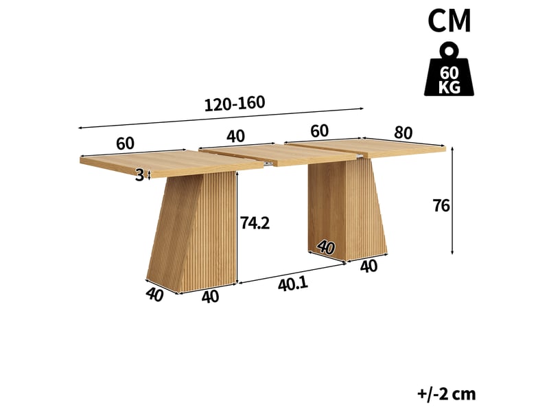  Table de salle à manger extensible 120160x80x76 cm pour 4 à 6 personnes, pieds trapézoïdaux, structure rainurée, patins antidérapants - chêne clair  - Conforama C