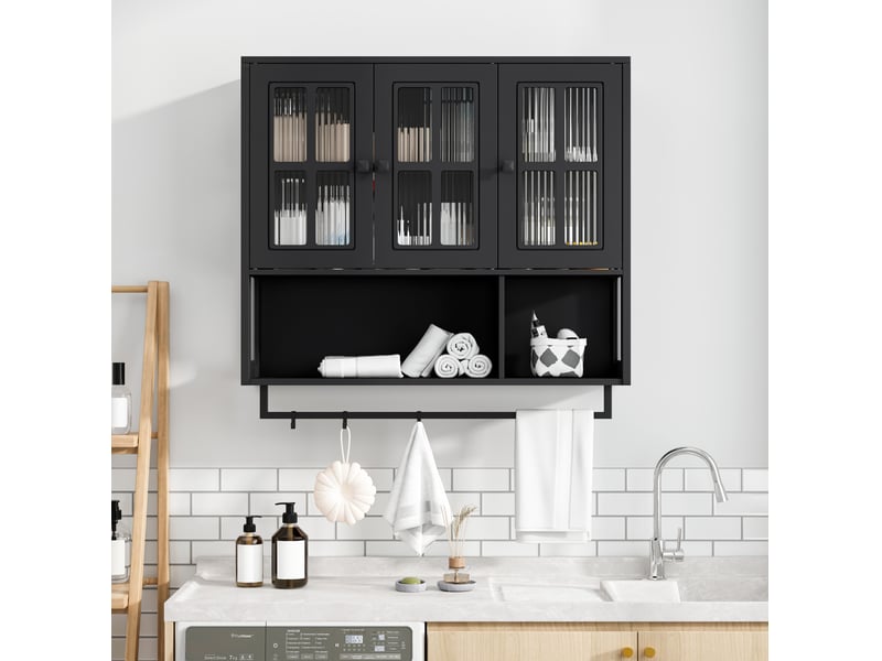  Meuble mural salle de bain 88x26x82,5 cm, rangement moderne gain de place, meuble suspendu design, en mdf, noir  - Conforama B