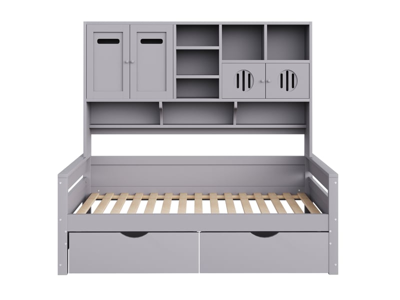  Lit coffre 90x200 cm avec rangements, 2 tiroirs, pin gris, sans matelas  - Conforama W