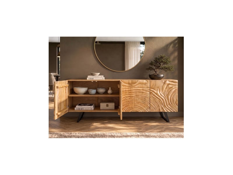  Buffet gaïa 177 cm en bois massif de manguier clair – 4 portes – façades sculptées – marron et noir  - Conforama D