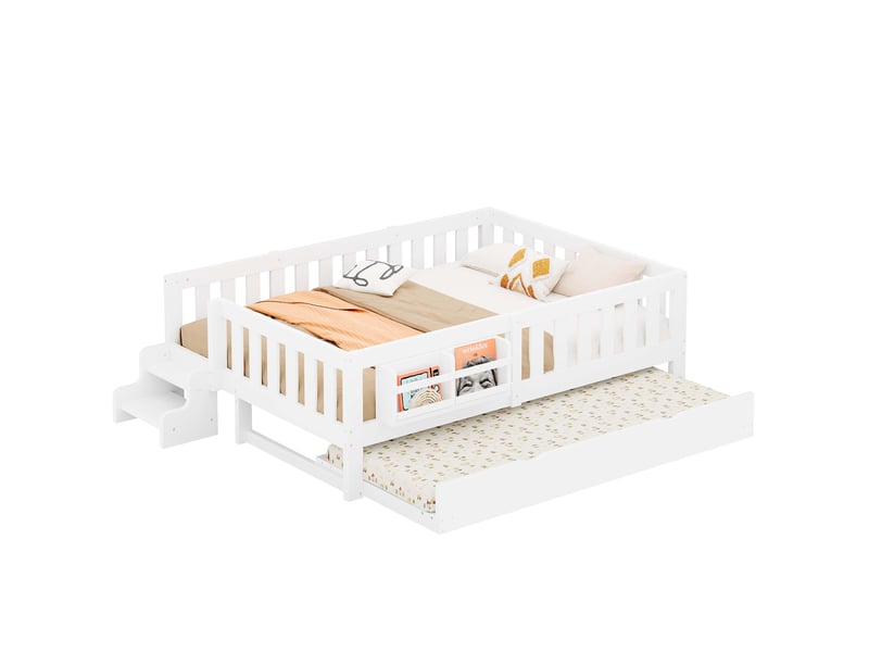 Lit enfant 140 × 200 cm avec lit gigogne, barrières de protection, escalier à deux marches et bibliothèque, blanc - Conforama A