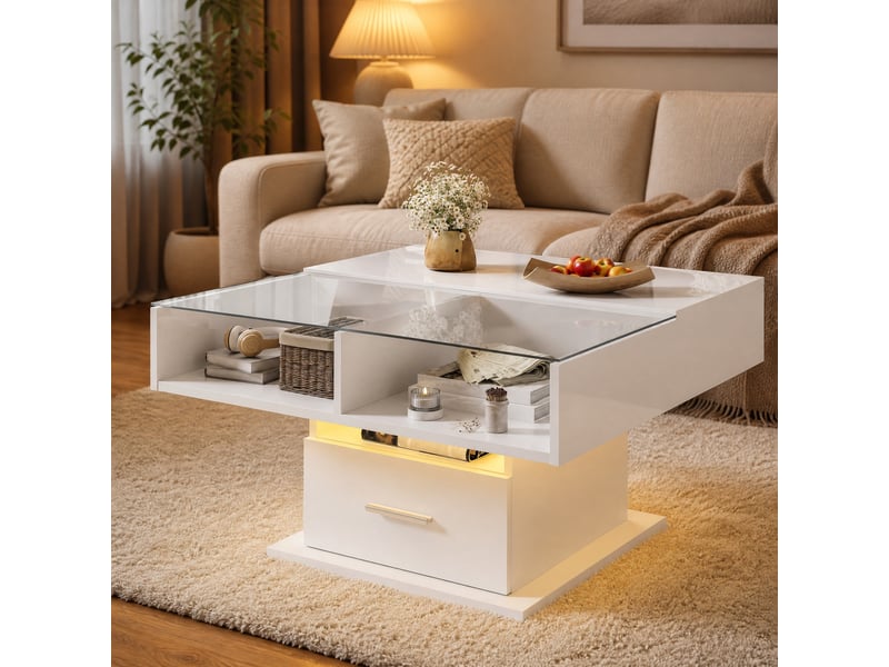  Table basse relevable avec tiroir, niche et led pour salon 78×78×45,559,5 cm blanc  - Conforama B