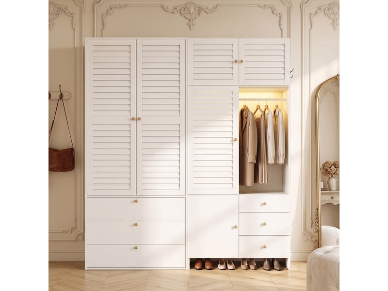 Armoire 180 x 50 x 200 cm avec panier à linge, éclairage led, 2 penderies et rangements, meuble multifonction à portes battantes pour chambre ou dressing - blanc OPULERANE TRADING LTD - Conforama B