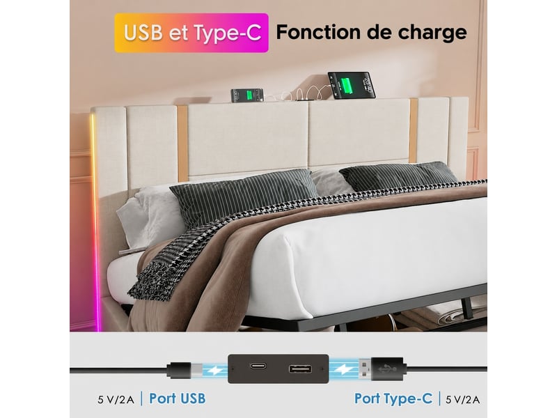  Lit double 180x200 cm avec coffre, led et usb-c, sommier inclus, lin beige  - Conforama D