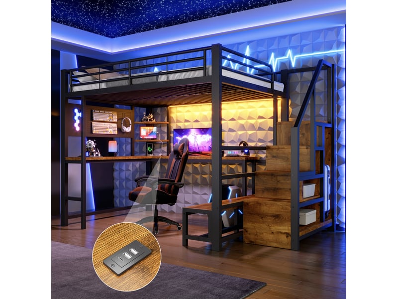  Lit mezzanine 140x200 cm avec bureau, rangements, led et usb-c noir  - Conforama B