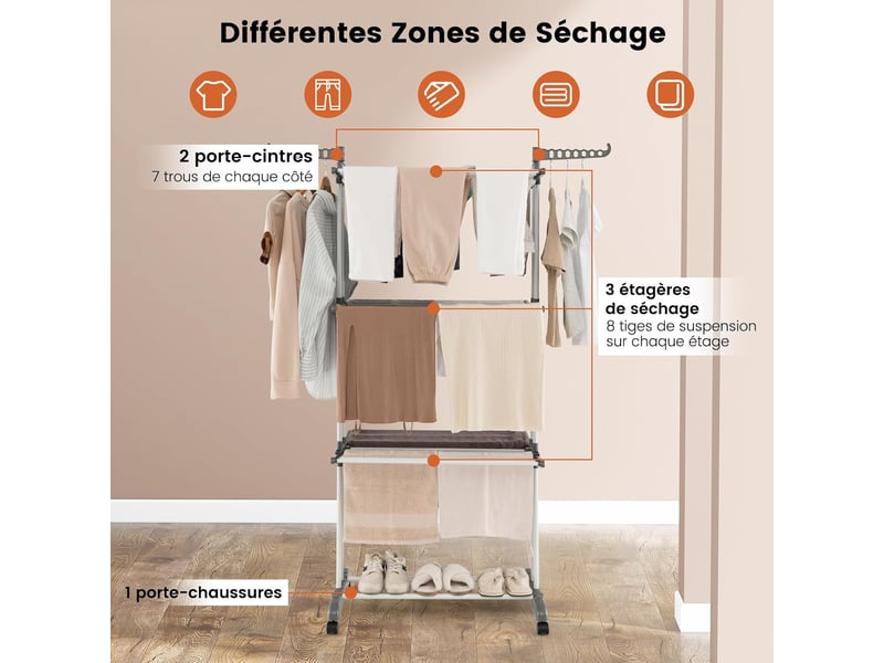 Costway étendoir linge 3 niveaux, sechoir à linge pliable à roulettes en métal, tancarville linge solide avec 2 porte-cintres, porte-chaussures, seche linge intérieur extérieur