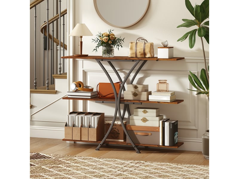  Consoletable d'appoint avec 2 étagères ouvertes et structure métallique en forme de x, style industriel, marron rustique  - Conforama C