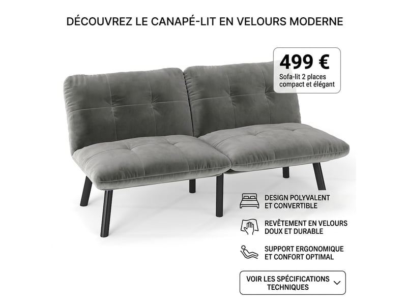  Canapé convertible 2 places gris en velours, canapé-lit avec fonction couchage  - Conforama E