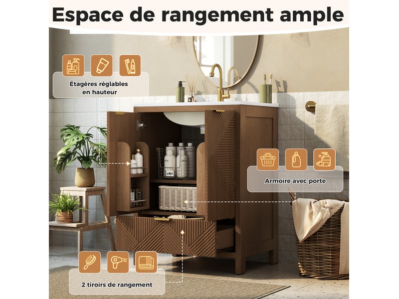 Meuble sous vasque sur pied 61 x 47 cm – noyer – vasque céramique, rangement avec tiroir et portes soft-close - Conforama E