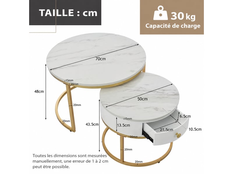 Lot de 2 tables basses rondes gigognes, effet marbre, structure métal doré, blanc brillant - Conforama E