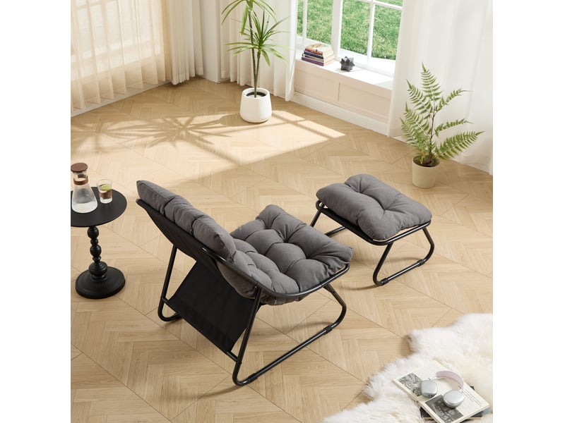  Fauteuil relax extérieur avec repose-pieds 65x78x86 cm – noir et gris – coussins rembourrés en coton  - Conforama E