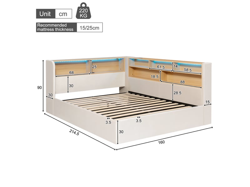  Lit banquette avec coffre 140x190 cm, rangement hydraulique, led, usb et usb-c, tête de lit avec étagères, sommier à lattes, velours, beige  - Conforama C