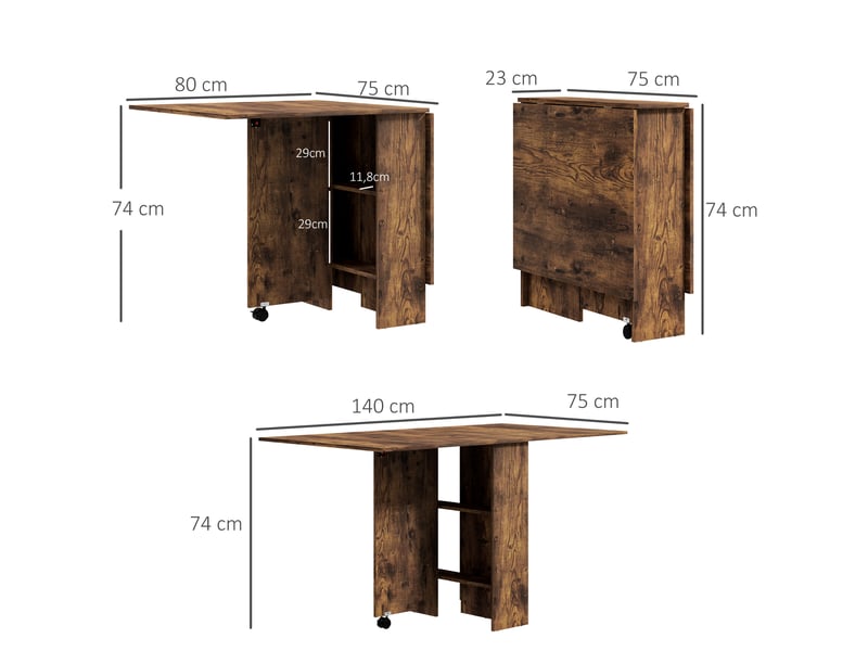  Table à manger pliante mobile sur roulettes, 2 plateaux rabattables, 2 étagères intégrées, brun rustique, 140x80x74cm  - Conforama C
