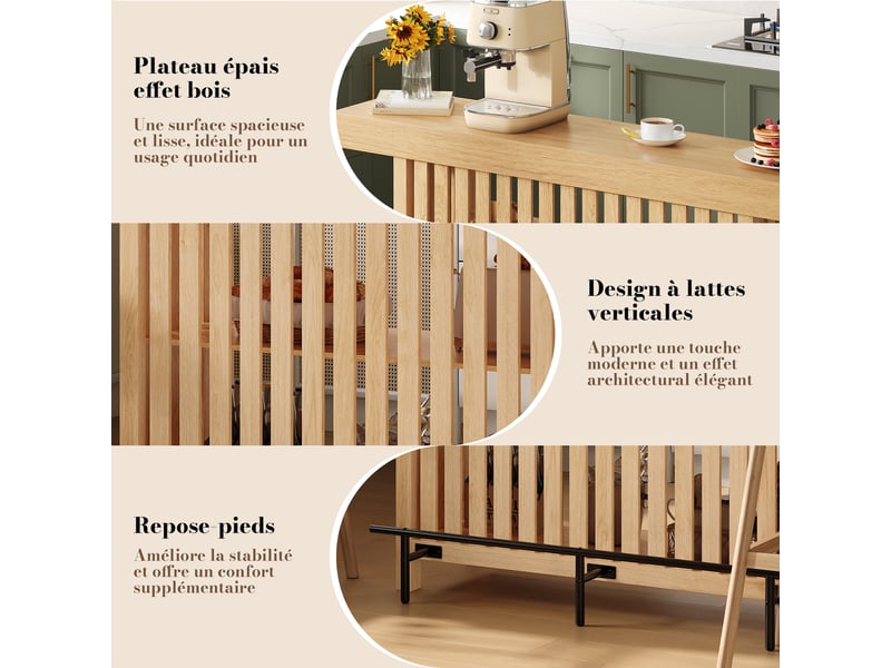 Table de bar haute 160 x 40 x 105 cm, 2 étagères et repose-pieds, mdf, effet bois naturel Sol Morn - Conforama E