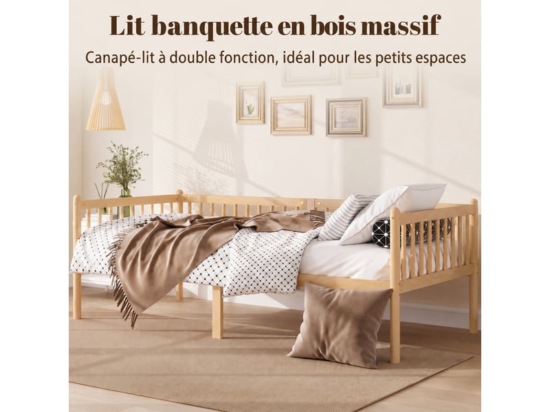  Lit de repos 90 x 200 cm en pin avec barrières 3 côtés, 14 lattes, finition naturelle  - Conforama E
