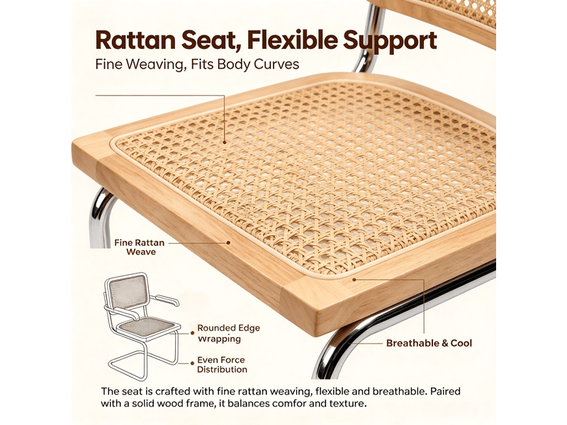 Lot de deux chaises de salle à manger, chaises en bois avec dossier en rotin et pieds chromés, style « brewer » du milieu du siècle, couleur naturelle - Conforama W