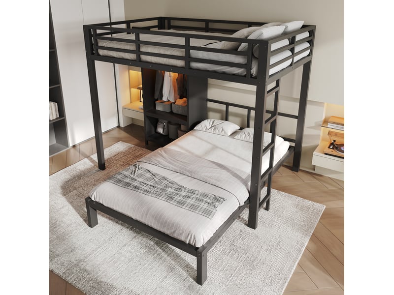  Lit superposé 120x200 cm en métal noir avec armoire et éclairage led  - Conforama E