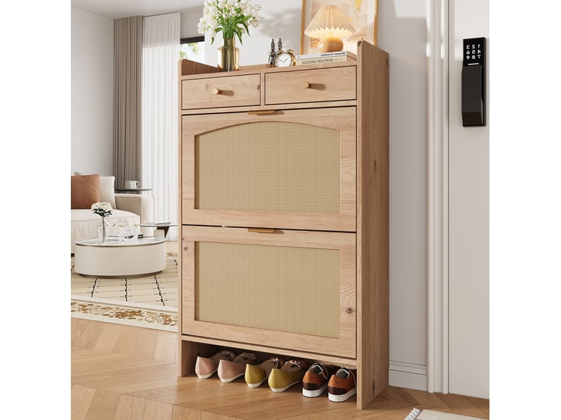  Meuble à chaussures 65×25×106 cm en panneaux de particules avec 2 abattants et 2 tiroirs naturel chicfurn  - Conforama B